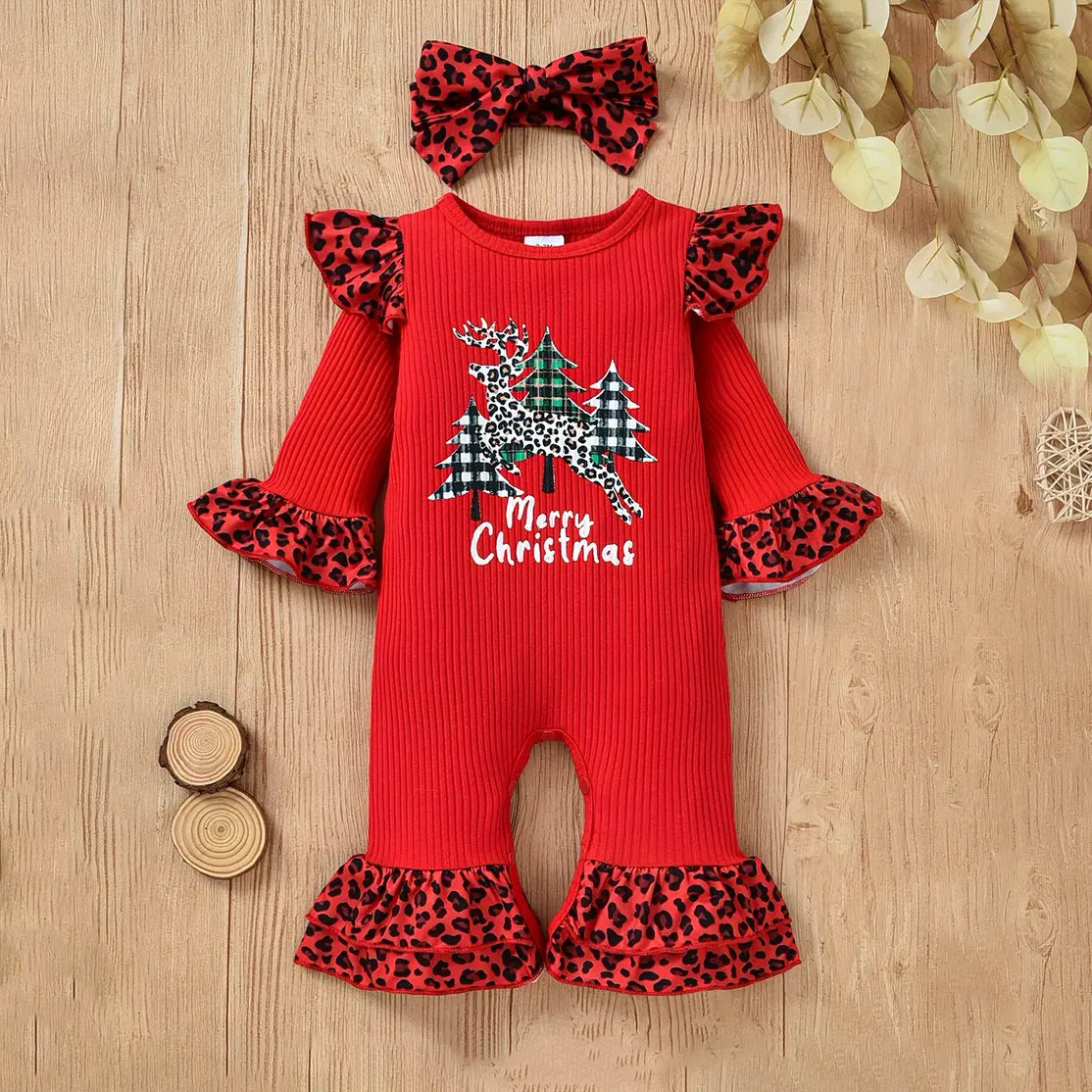 2PCS Merry Christmas Letter Leopard Printed Ruffle Shoulder Baby Jumpsuit