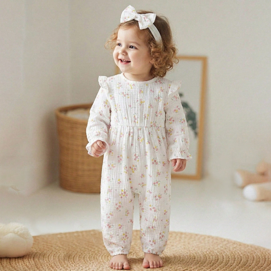 2PCS Cheerful Floral Print Long Sleeve Baby Jumpsuit