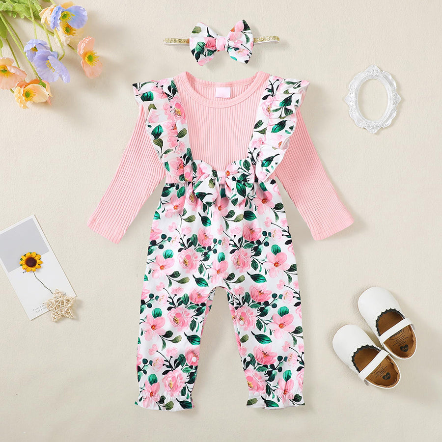 2PCS Pretty Floral Printed Bowknot Long Sleeve Baby Jumpsuit