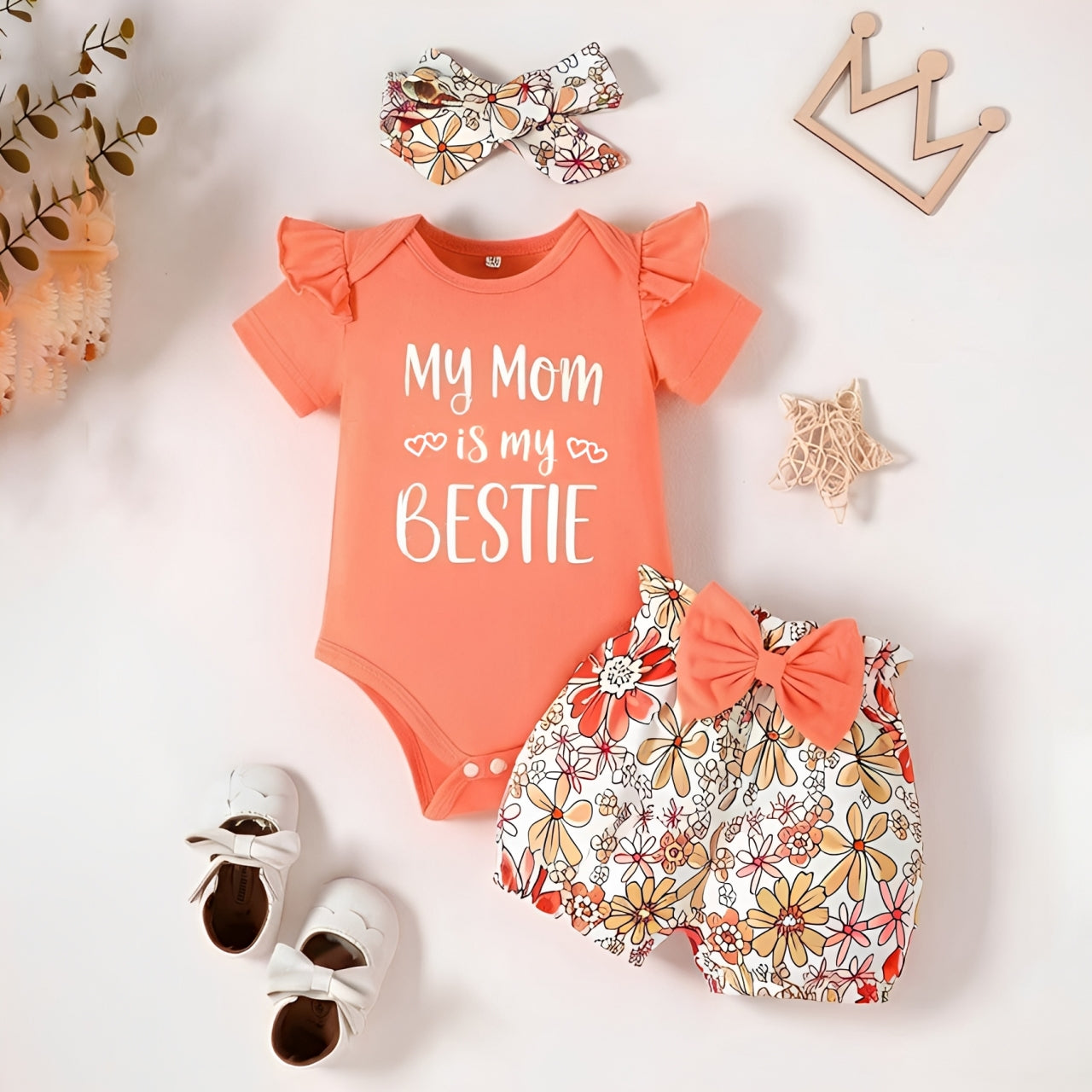 3PCS Delightful My Mom Is My Bestie Letter Floral Print Baby Set