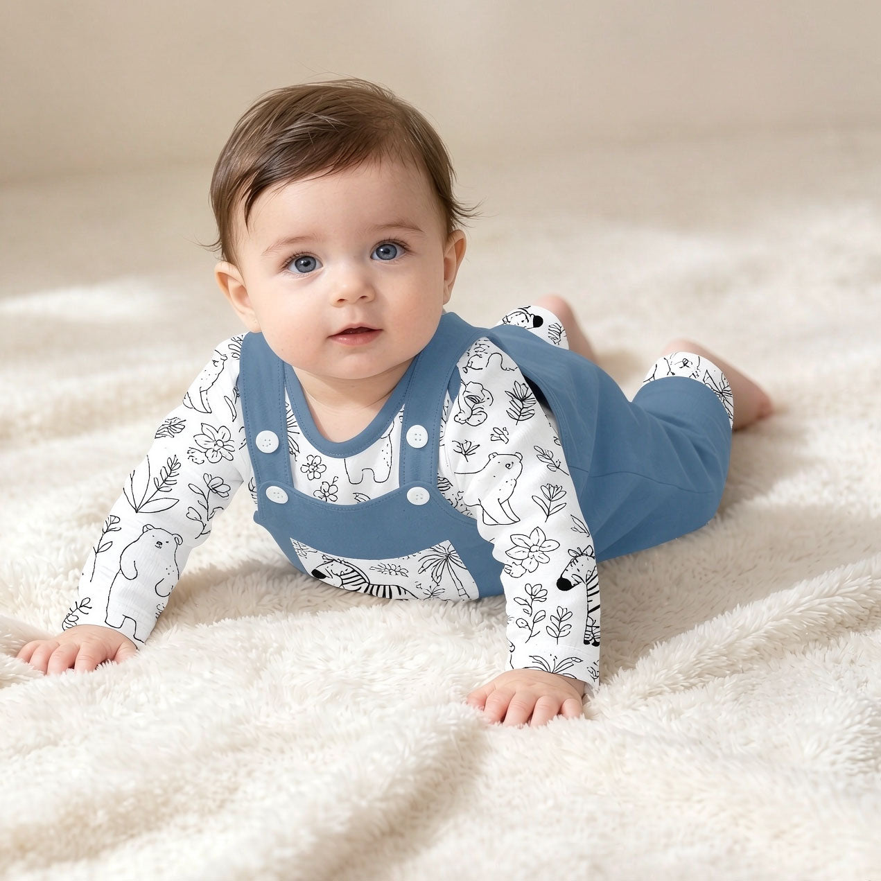 2PCS Cute Animal Print Long Sleeve Overalls Baby Boy Set