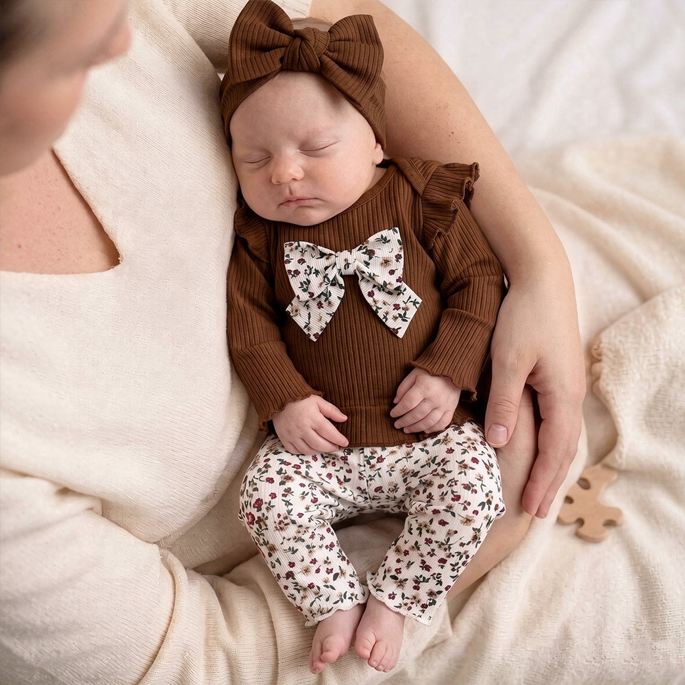 2PCS Grace Floral Print Bow Long Sleeve Baby Girl Set