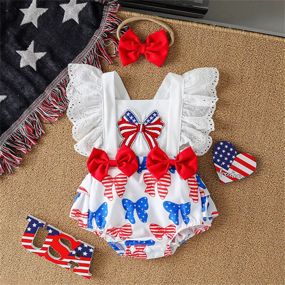 2PCS Independence Day Bow Printed Ruffled Sleeveless Baby Romper