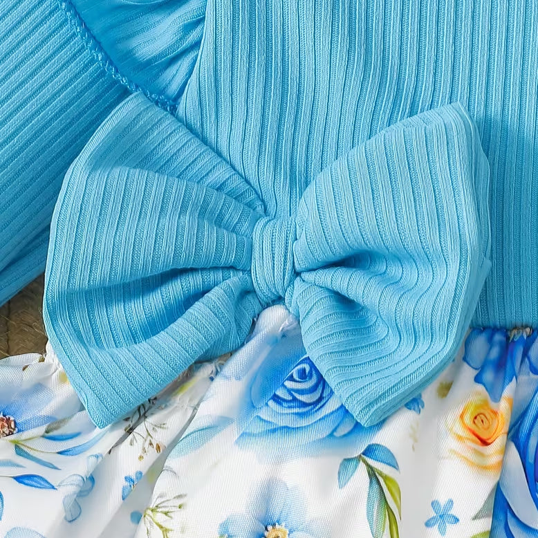 2PCS Baby Girl Floral Print Bow Long Sleeve Romper