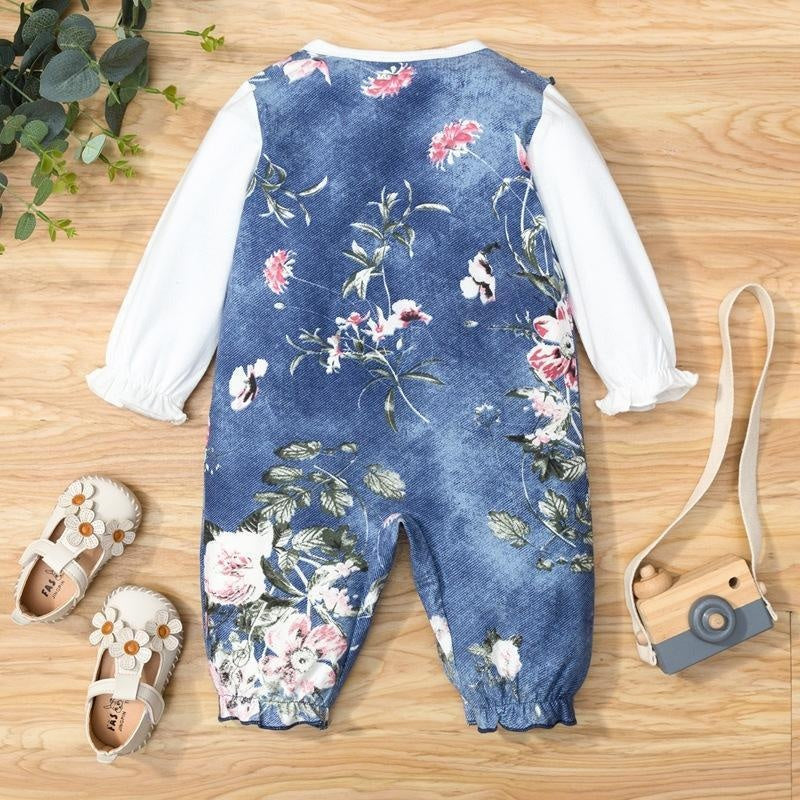 Vintage Baby Girl Floral Print Faux Two Piece Long Sleeve Jumpsuit