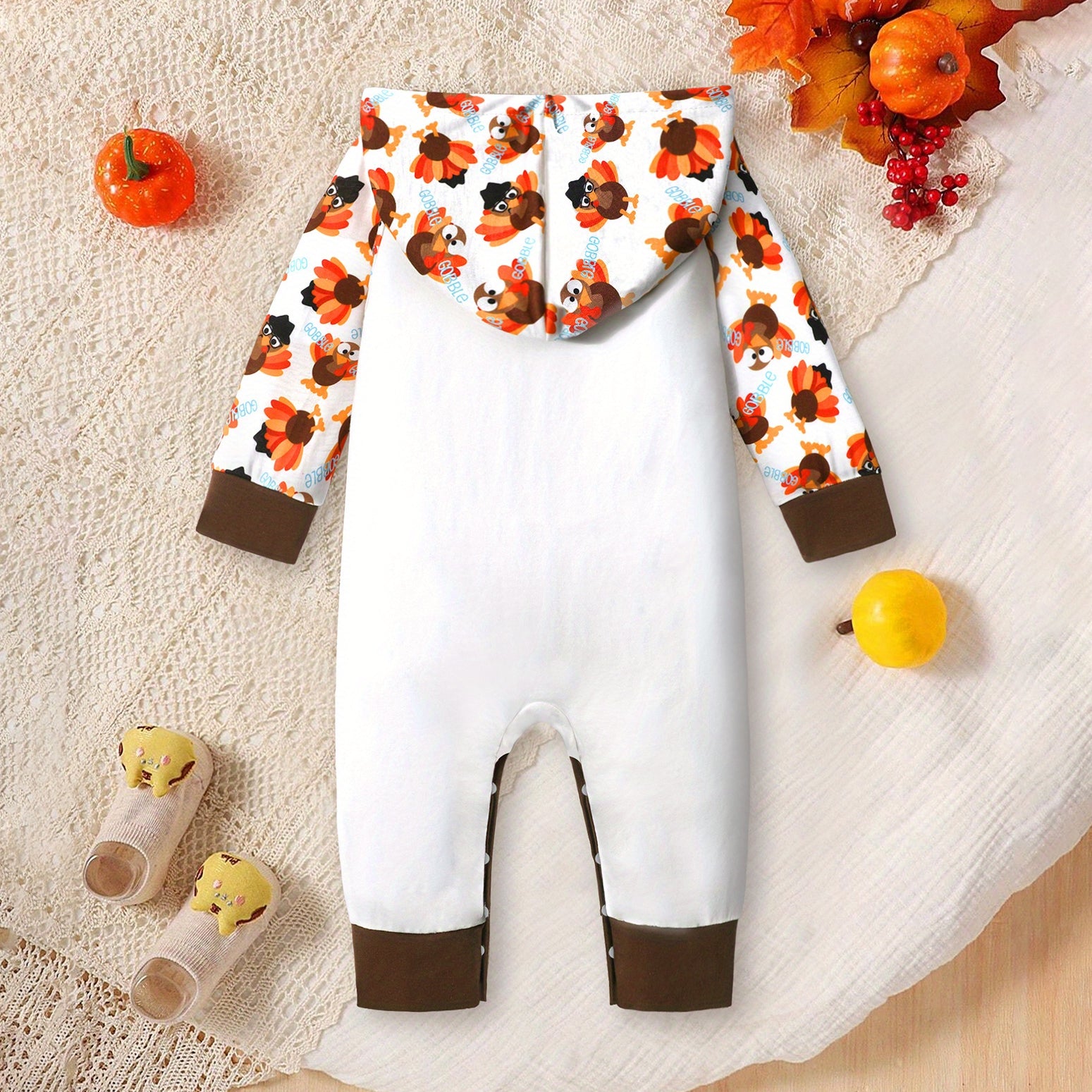 Thanksgiving Turkey Printed Long Sleeve Baby Hooded Jumpsuit