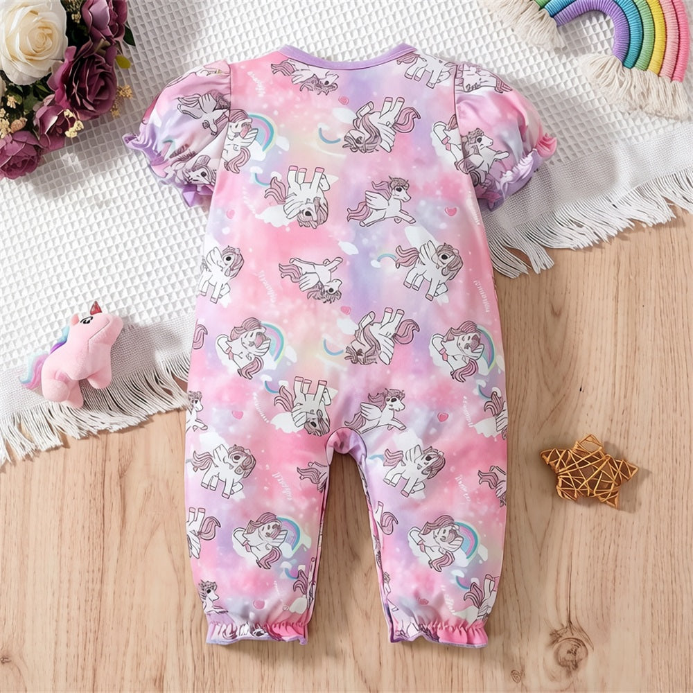 Lovely Pony Print Short Sleeve Baby Jumpsuit