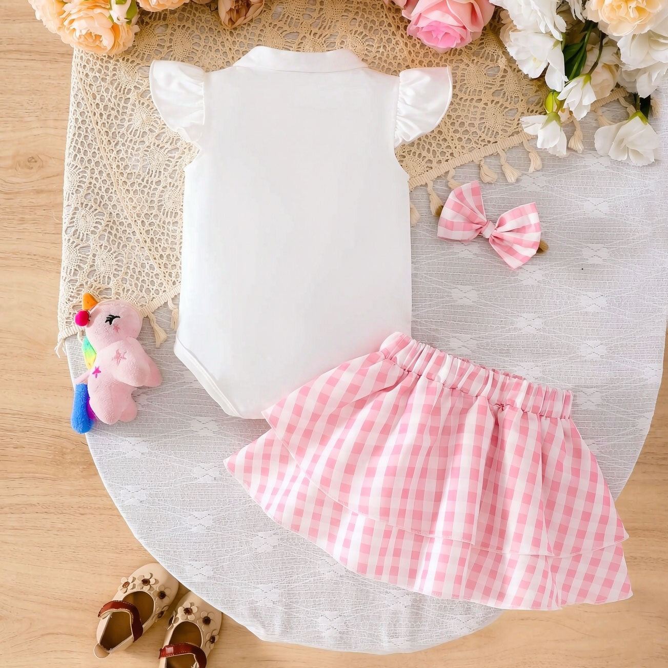 2PCS Plaid Print Butterfly Appliqués Flutter Sleeve Baby Set