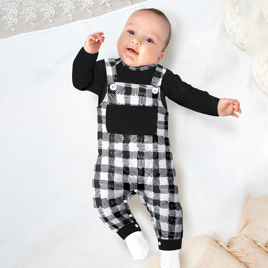 2PCS Cute Plaid Printed Long Sleeve Overalls Baby Set