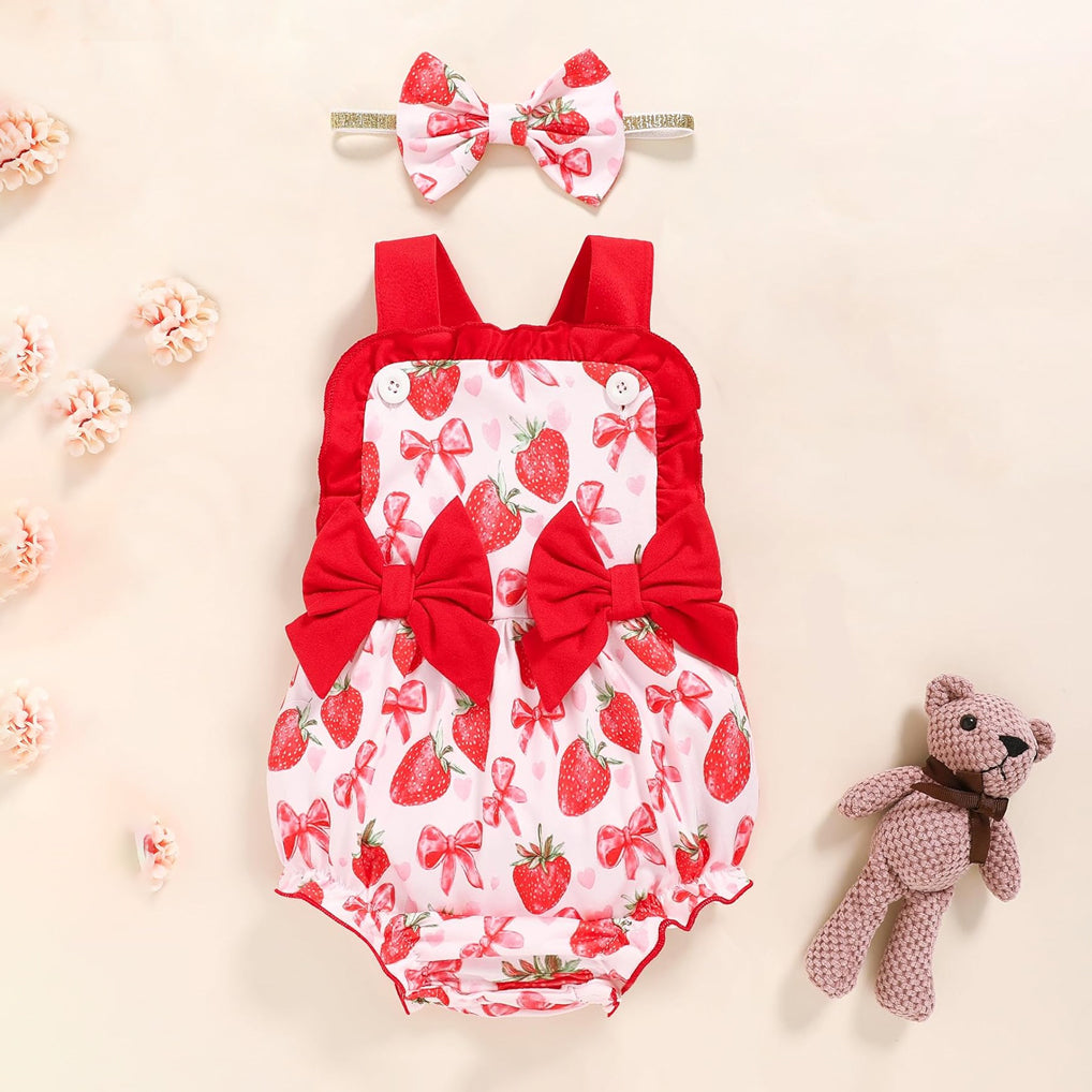 2PCS Sweet Strawberry & Bow Printed Sleeveless Baby Romper