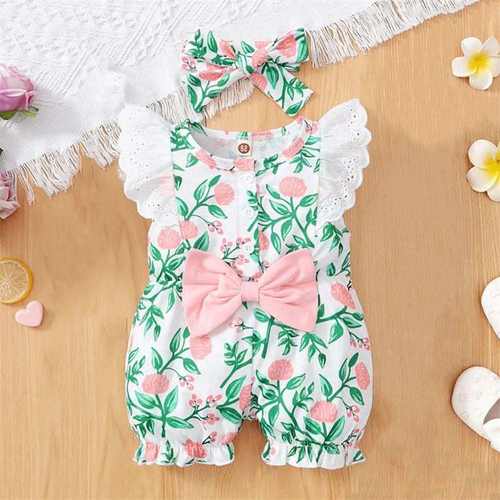 2PCS Floral Printed Lace Fly Sleeve Baby Jumpsuit