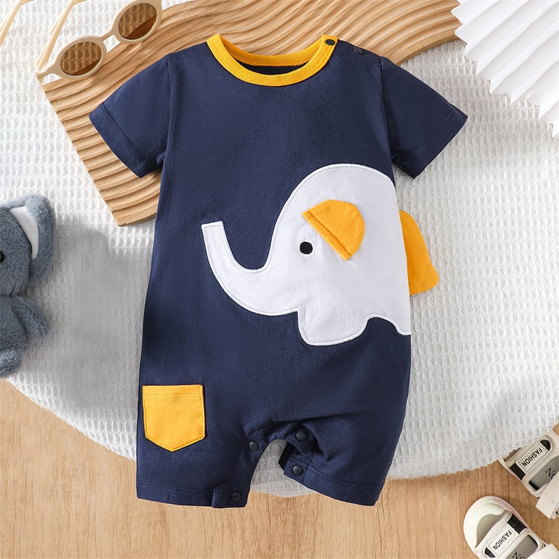Casual Elephant Printed Short Sleeve Baby Jumpsuit