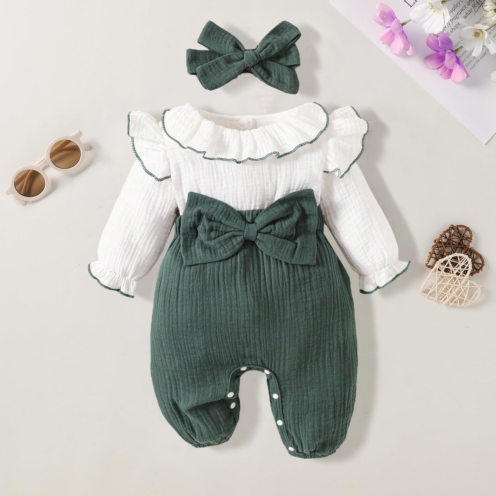 2PCS Soft Colorblock Ruffle Decoration Long Sleeve Baby Jumpsuit