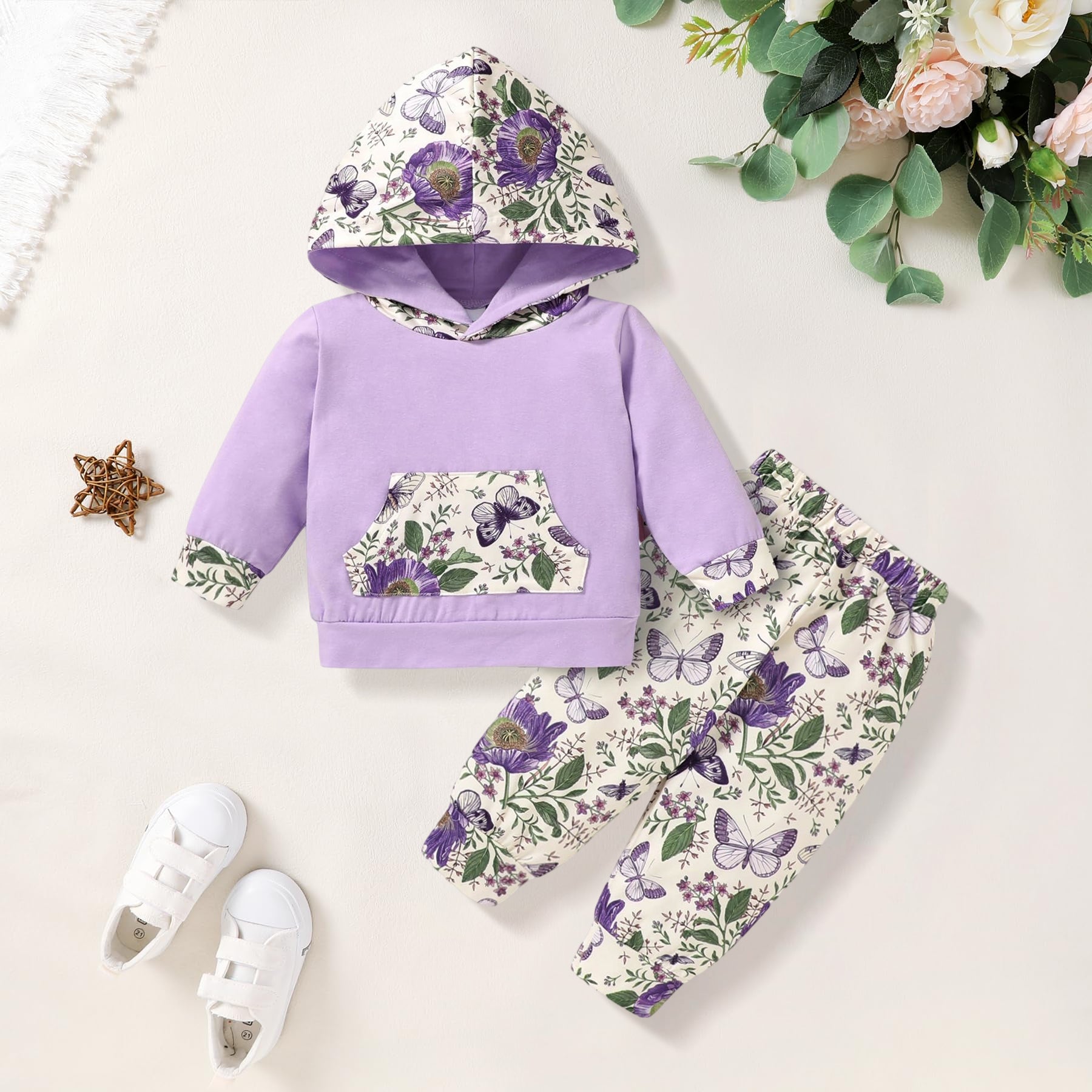 2PCS Elegant Floral Butterfly Printed Hooded Long Sleeve Baby Set