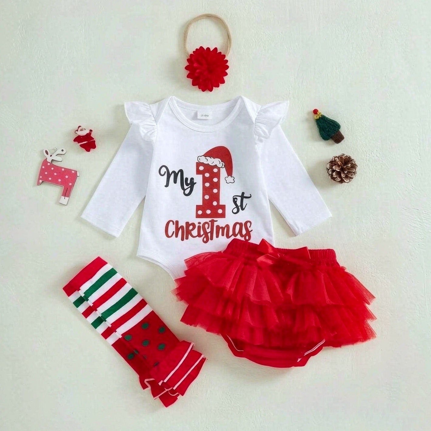 4PCS My 1st Christmas Letter Stripe Print Long Sleeve Baby Set