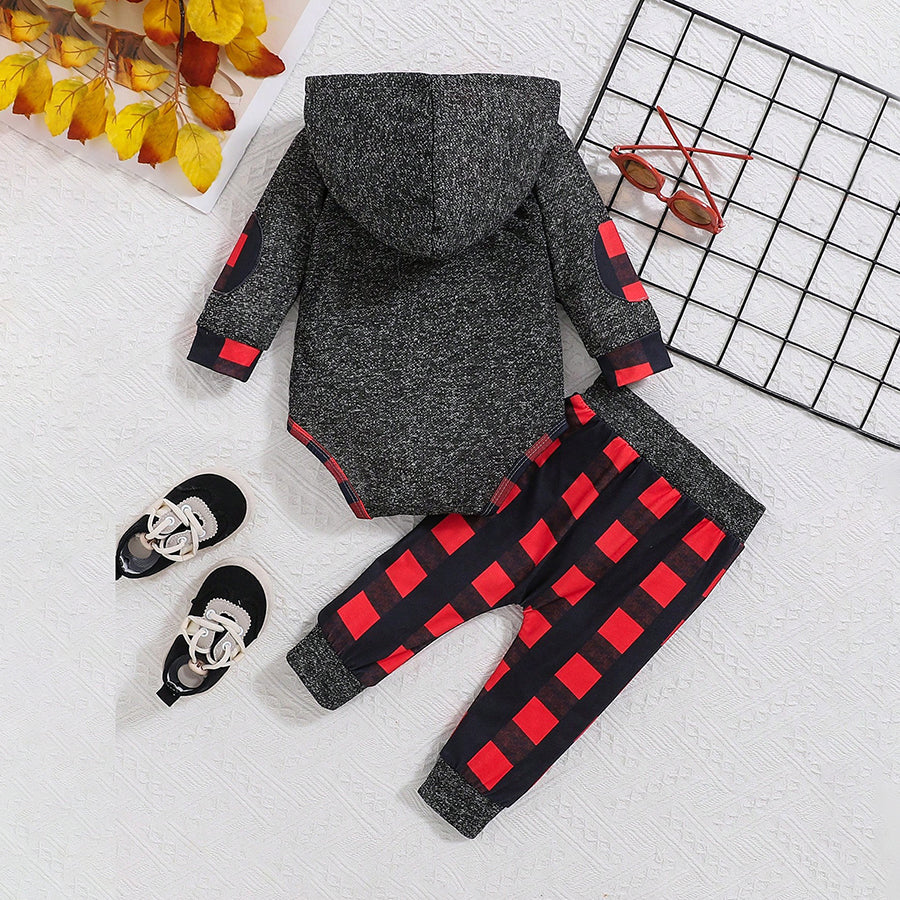 2PCS Lil Bro Letter Plaid Printed Long Sleeve Hooded Baby Set