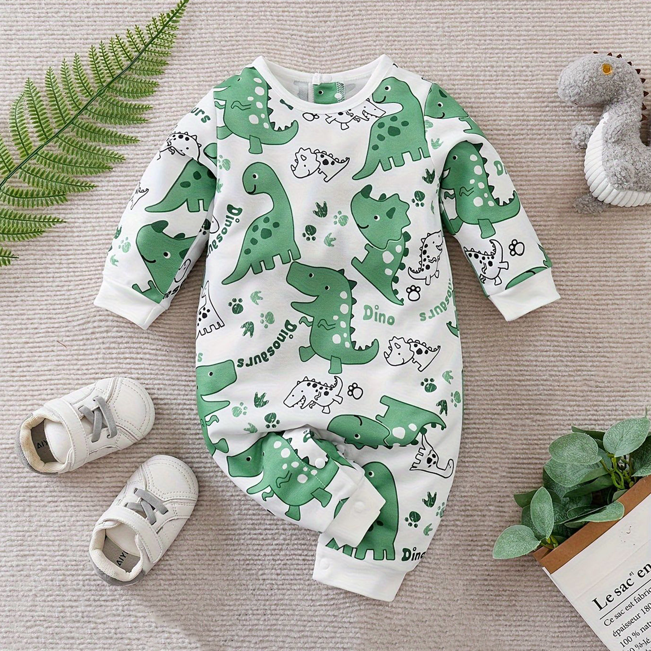 Cute Dinosaurs Letter Dinosaur Printed Long Sleeve Baby Jumpsuit