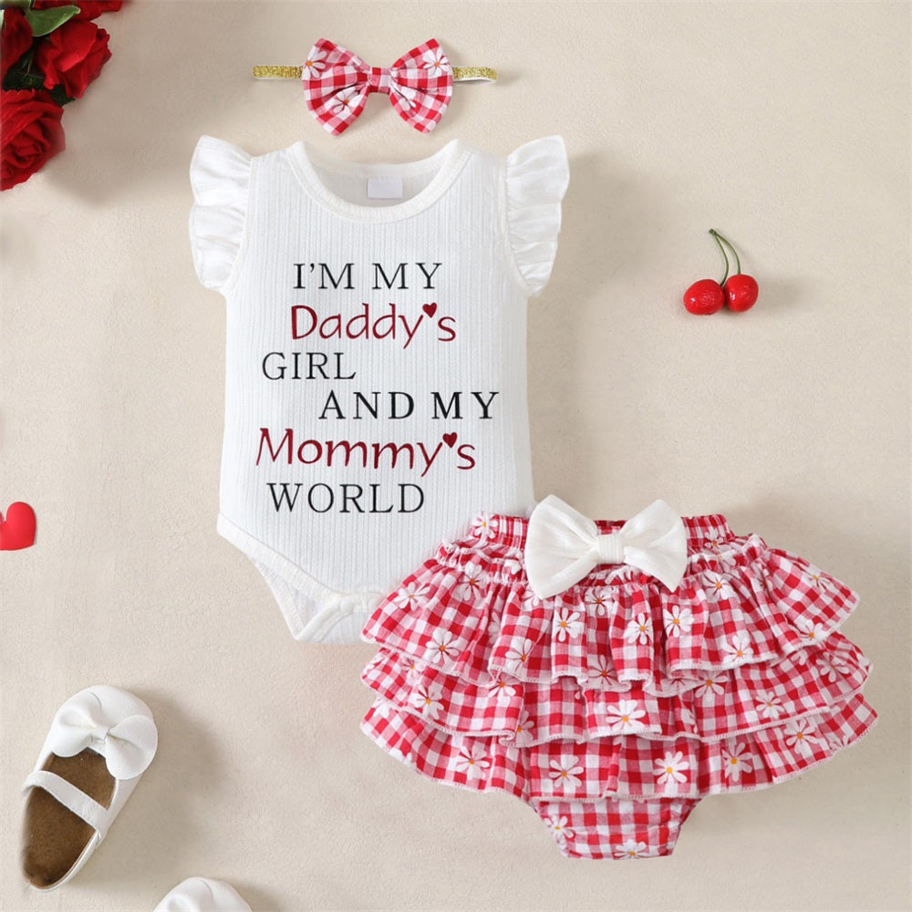 3PCS I'm Daddy's Girl Letter Floral Printed Plaid Fly Sleeve Baby Set