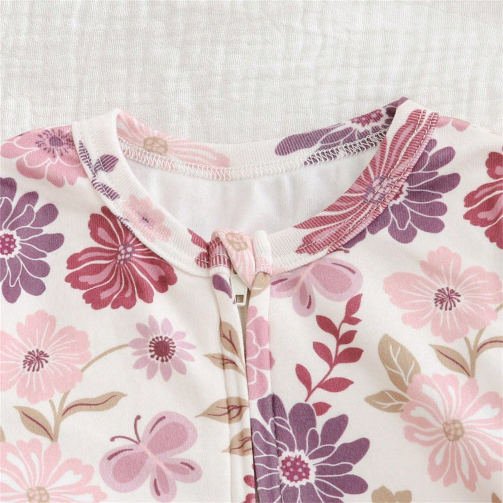 Casual Floral Print Long Sleeve Zip Baby Jumpsuit