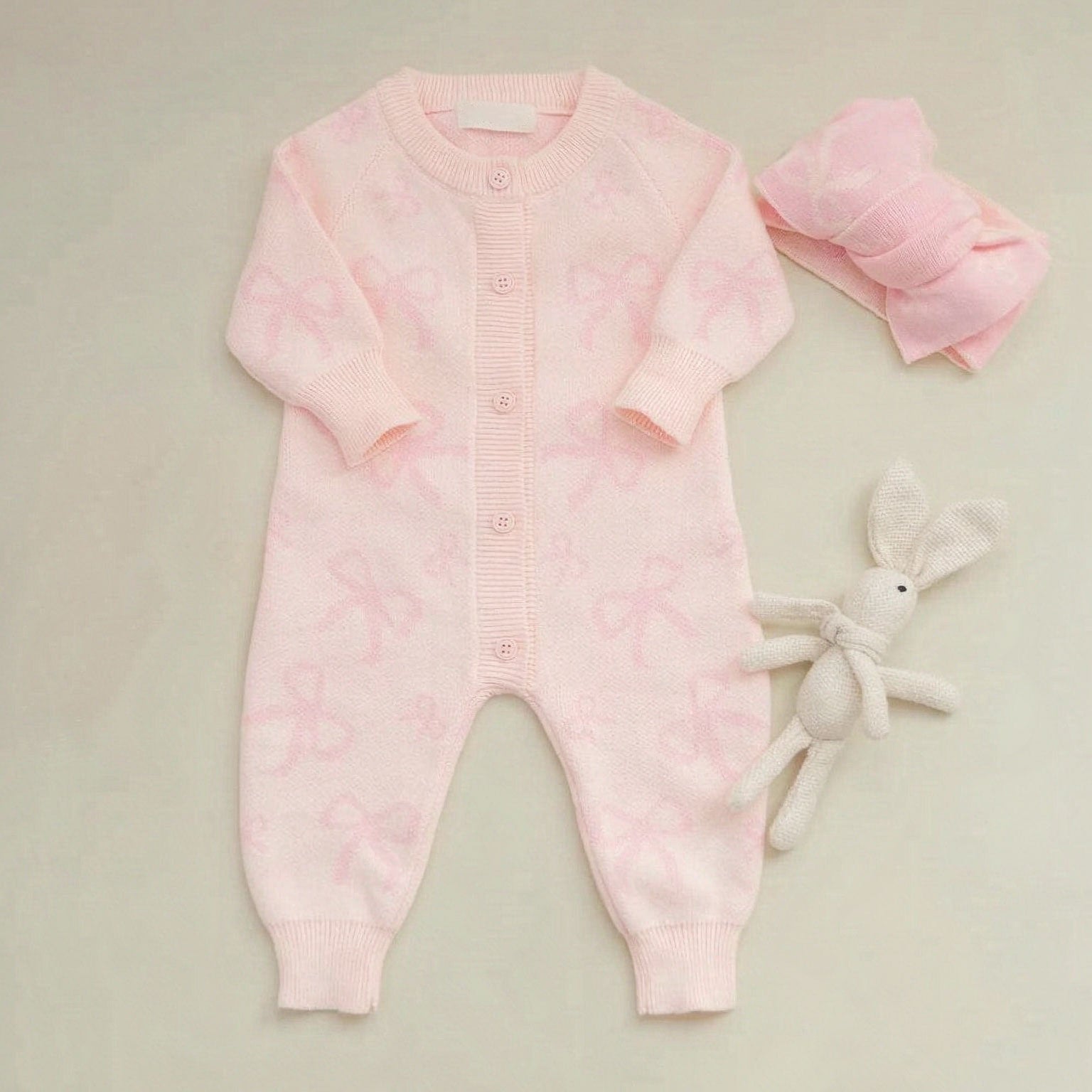 2PCS Sweet Bow Print Knit Long Sleeve Baby Jumpsuit
