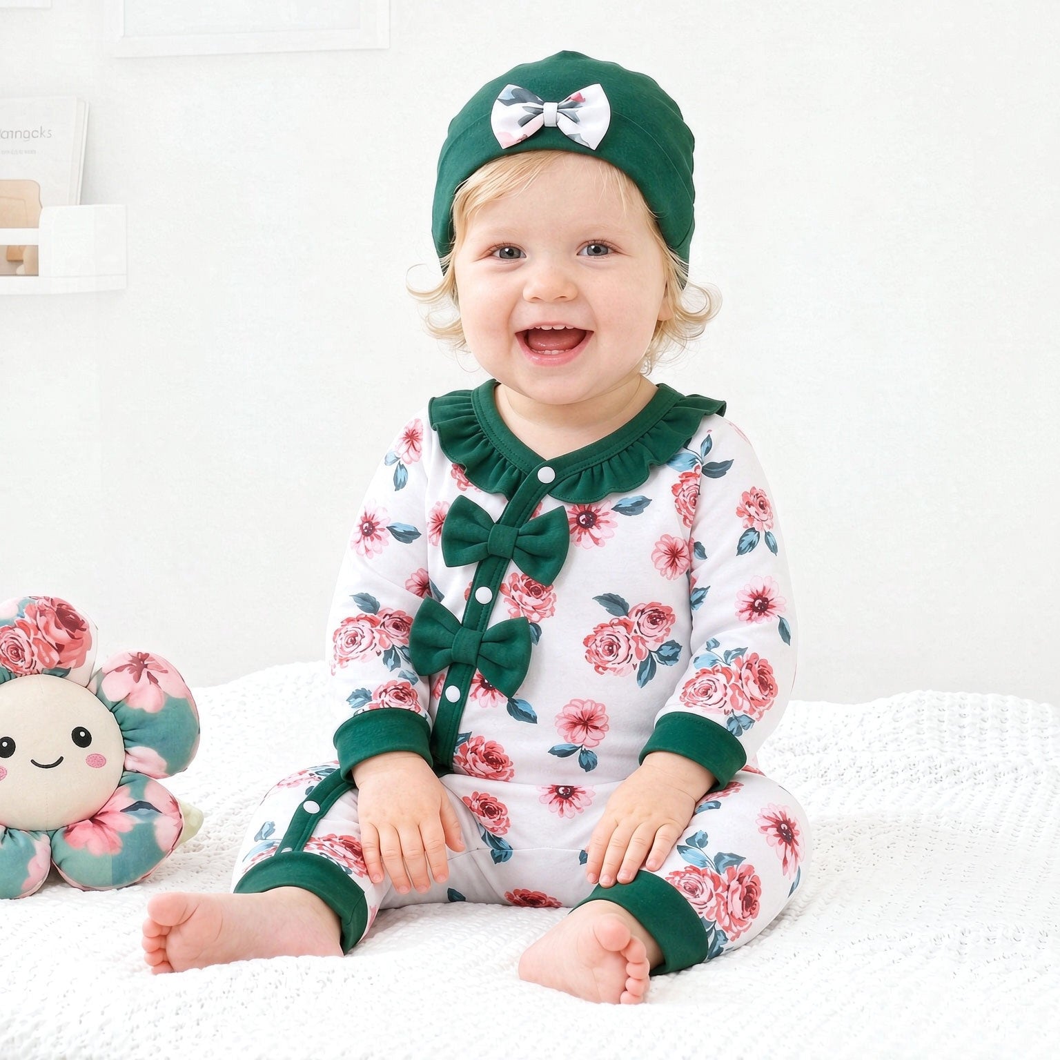 3PCS Chic Floral Printed Long Sleeve Baby Girl Jumpsuit