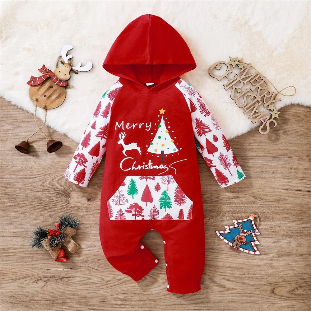 Merry Christmas Letter Print Long Sleeve Baby Hooded Jumpsuit