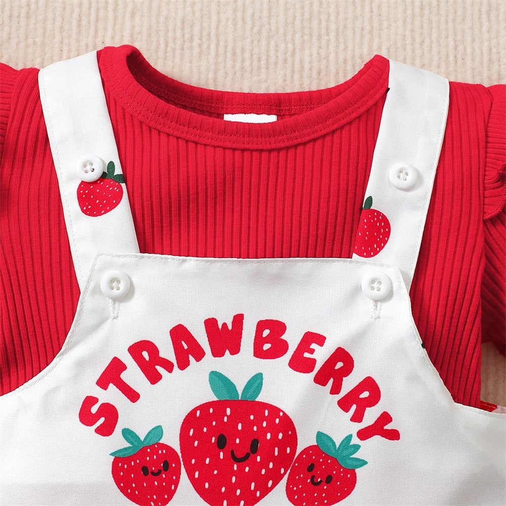3PCS Adorable Strawberry Printed Short Sleeve Baby Overalls Set