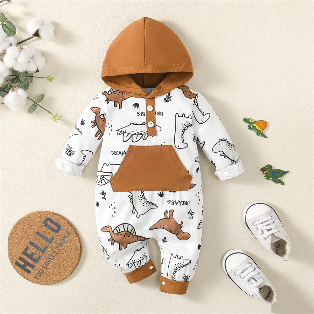 Cool Dinosaur Print Long Sleeve Baby Hoodie Jumpsuit