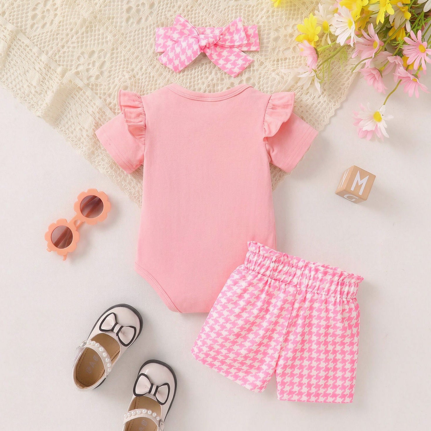 3PCS Daddy's Girl Letter Houndstooth Printed Short Sleeve Baby Set
