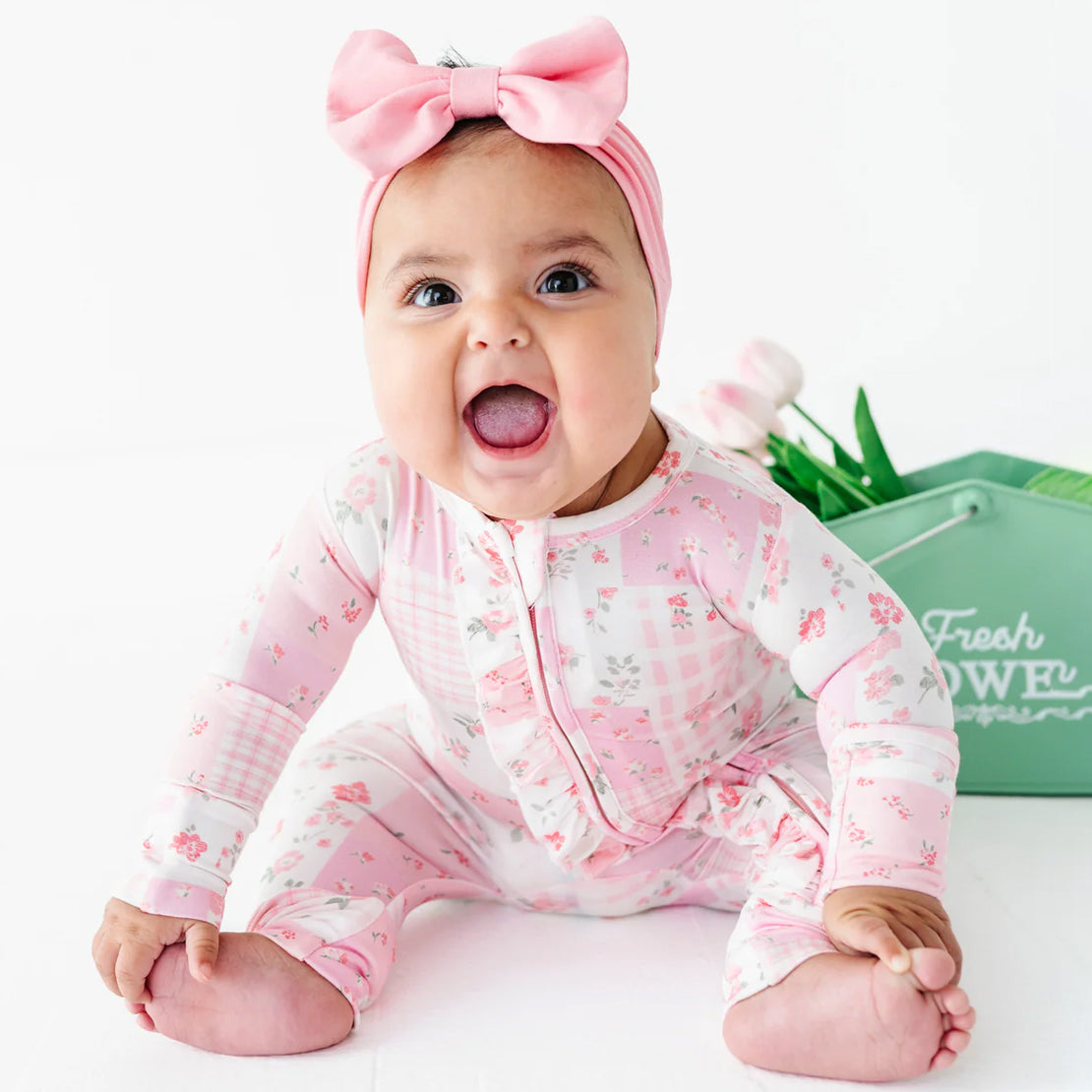 Pink Patchwork Floral Print Ruffle Zipper Long Sleeve Baby Jumpsuit
