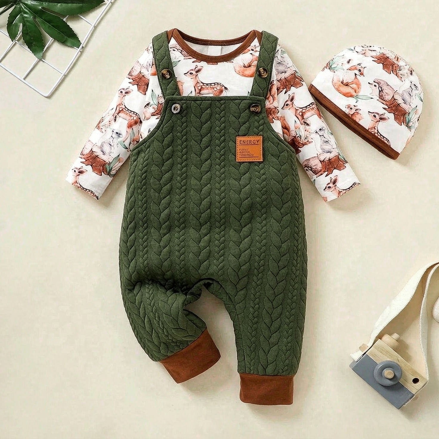 3PCS Animal Print Long Sleeve Texture Baby Overalls Set