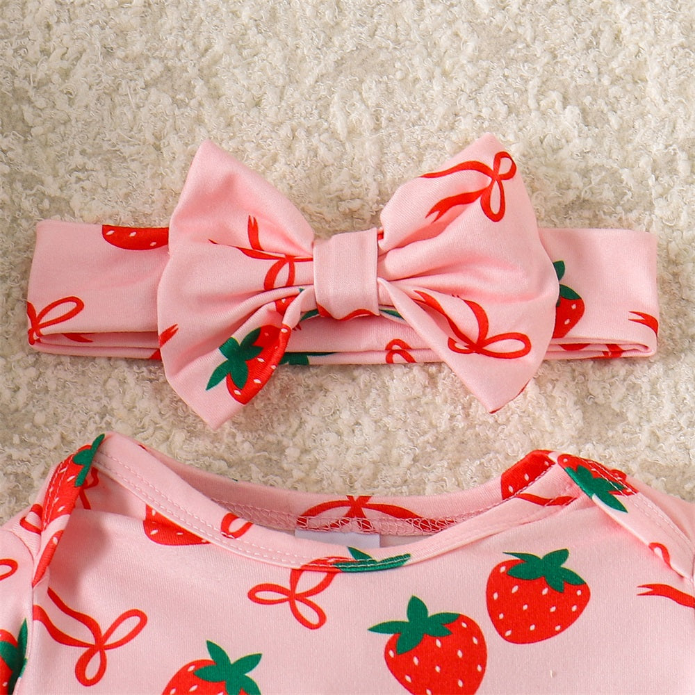 2PCS Cute Strawberry Printed Frill Long Sleeve Baby Jumpsuit