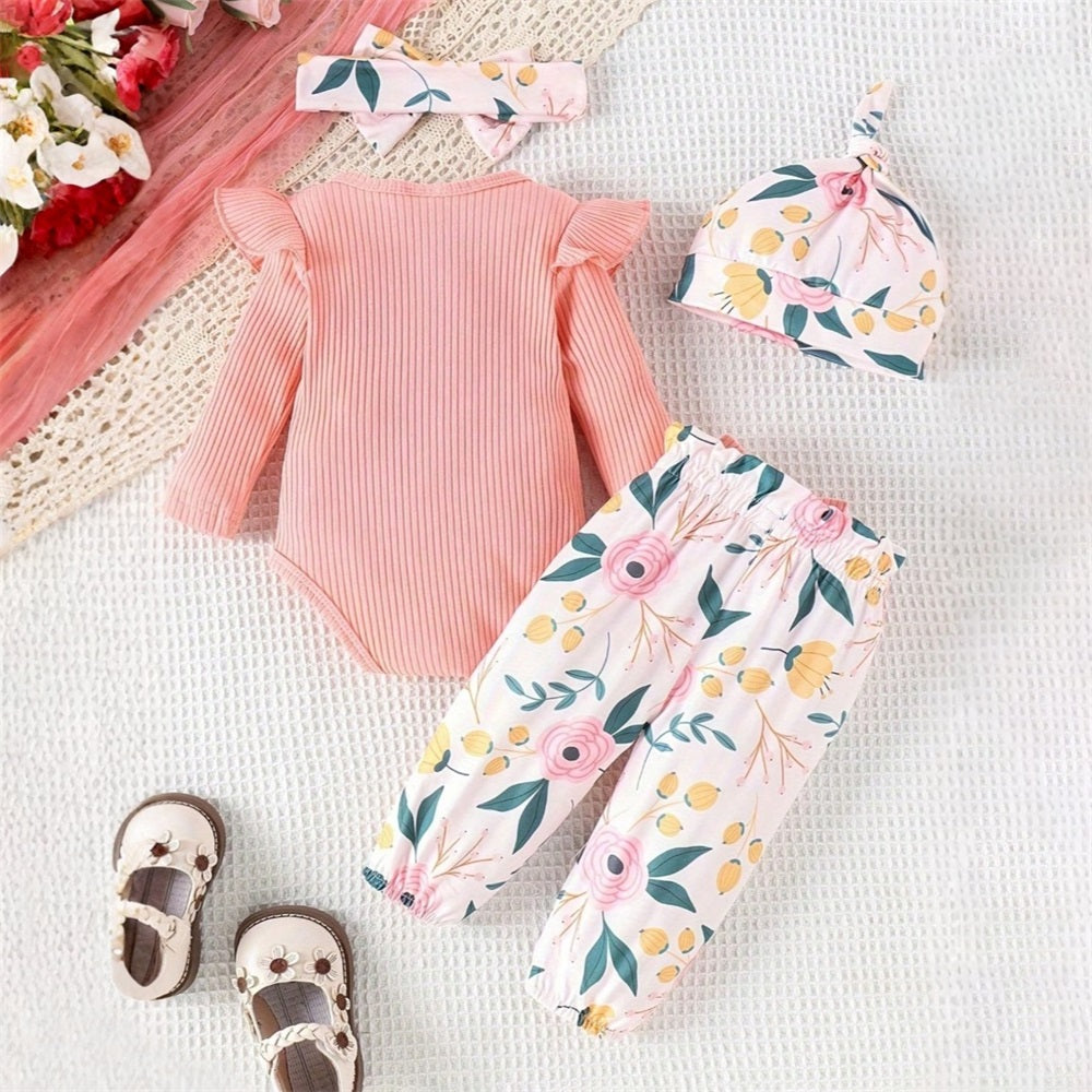 4PCS Daddy's Girl Letter Floral Print Long Sleeve Baby Set