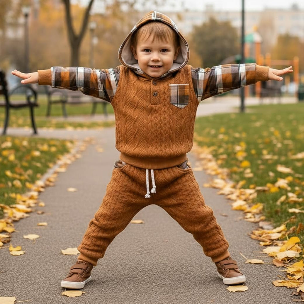 2PCS Vintage Plaid Print Long Sleeve Hoodie Baby Boy Set