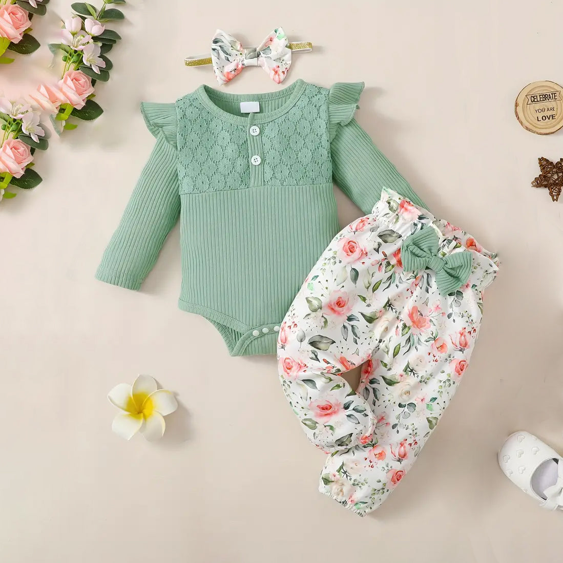 3PCS Adorable Floral Printed Lace Decoration Bowknot Long Sleeve Baby Set