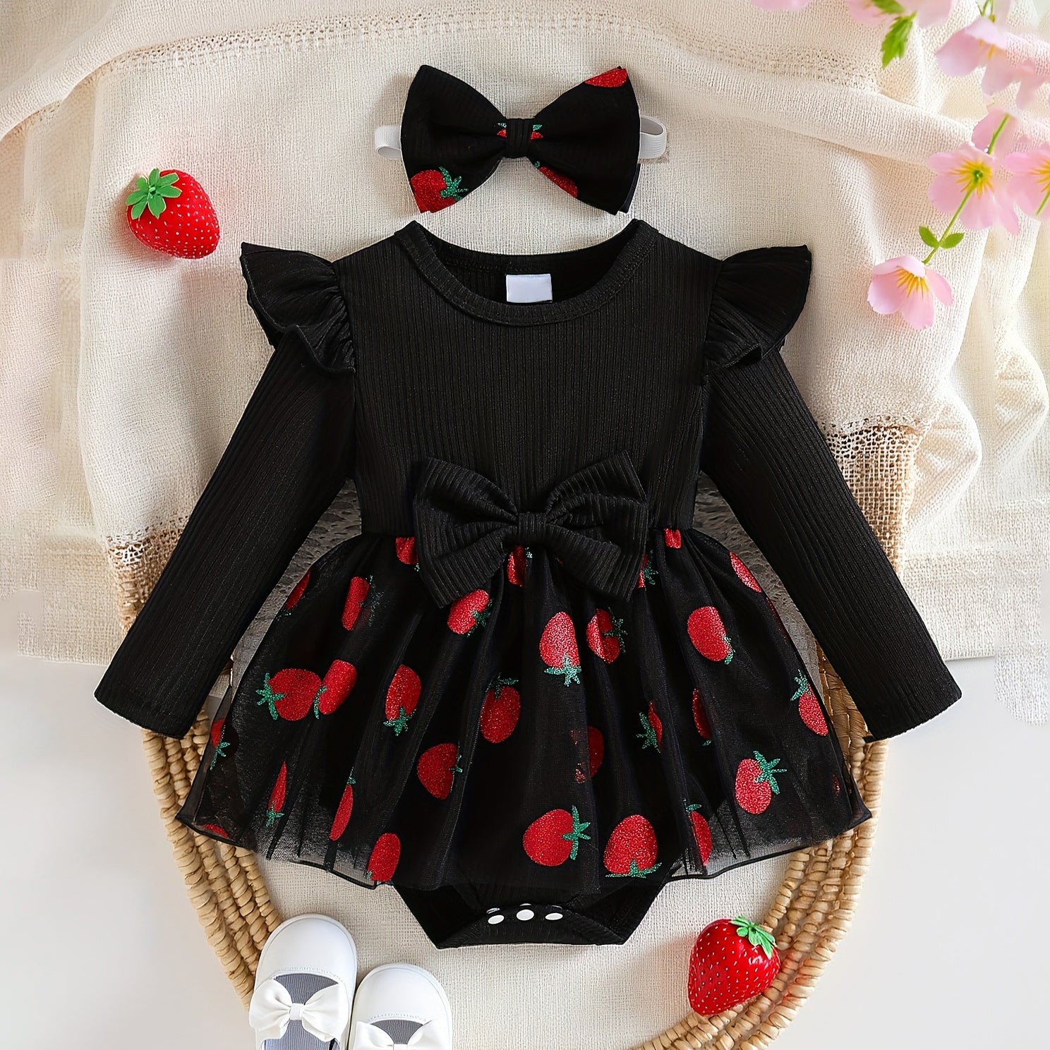 2PCS Strawberry Printed Ruffle Long Sleeve Baby Romper