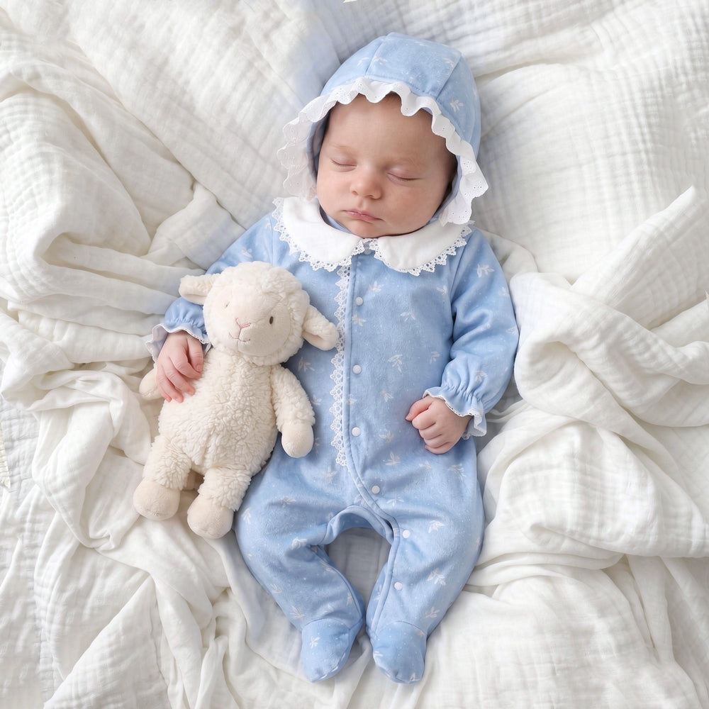 2PCS Cozy Leaf Print Lace Trim Long Sleeve Baby Girl Velvet Jumpsuit