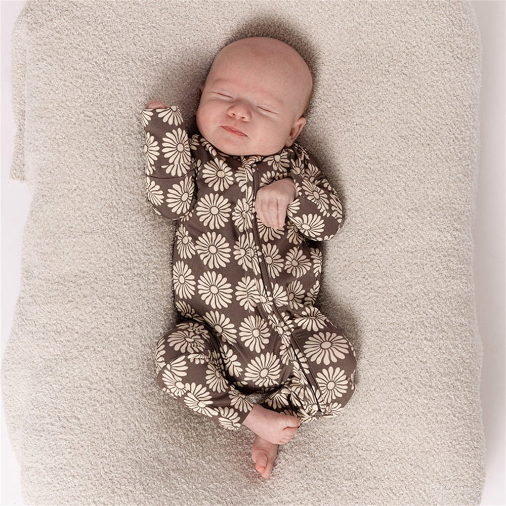 Casual Floral Print Long Sleeve Zipper Baby Jumpsuit