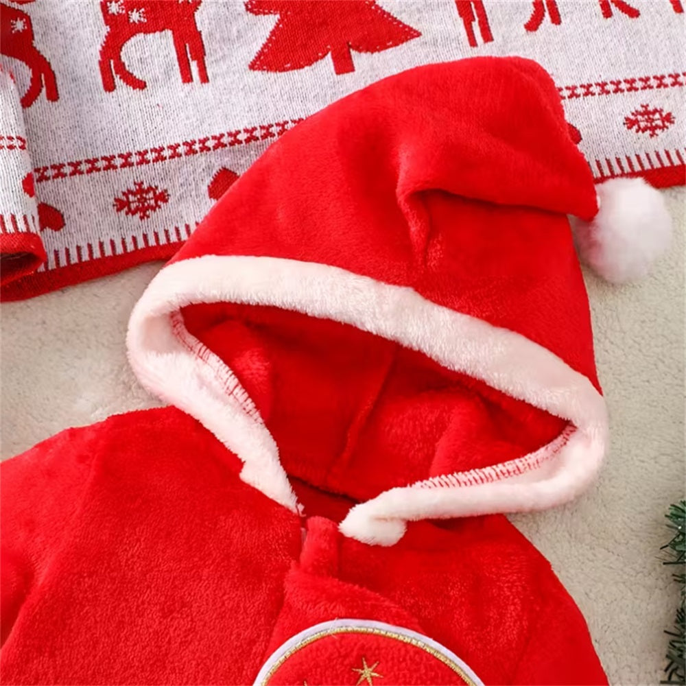 Santa Embroidery Long Sleeve Baby Hooded Jumpsuit