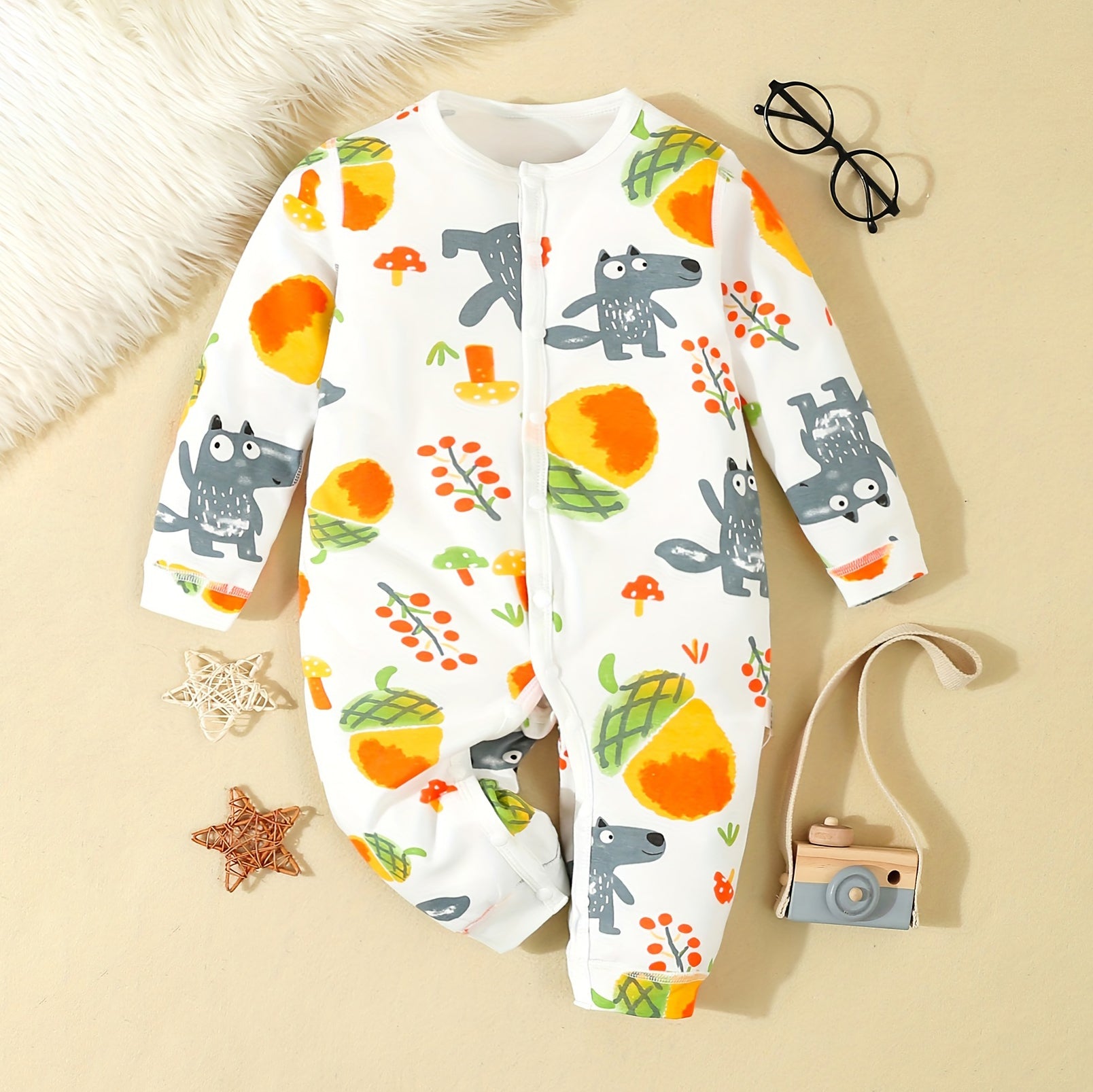 Cotton Cartoon Animal Printed Long Sleeve Baby Jumpsuit