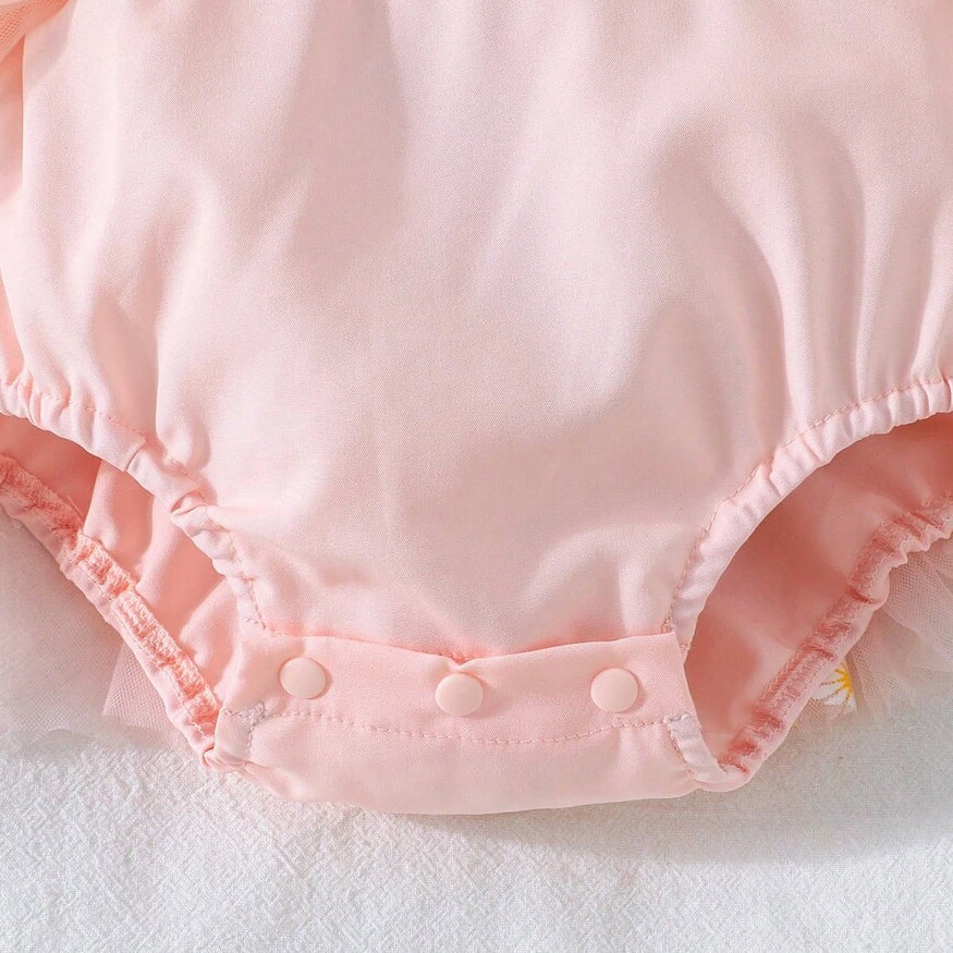2PCS Floral Appliqué Daisy Print Tulle Flutter Sleeve Baby Romper