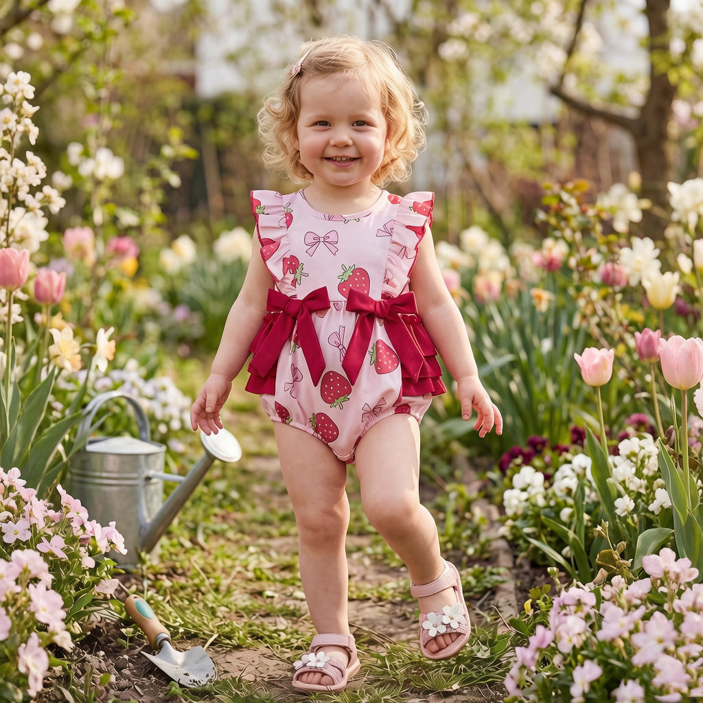 Cute Strawberry and Bow Print Ruffle Sleevelss Baby Romper