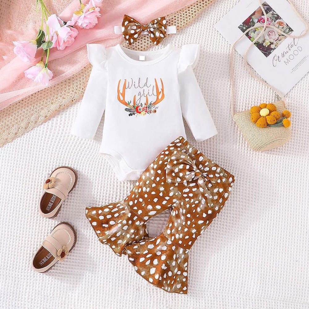 3PCS Wild Girl Letter Deer Antler Printed Long Sleeve Baby Set