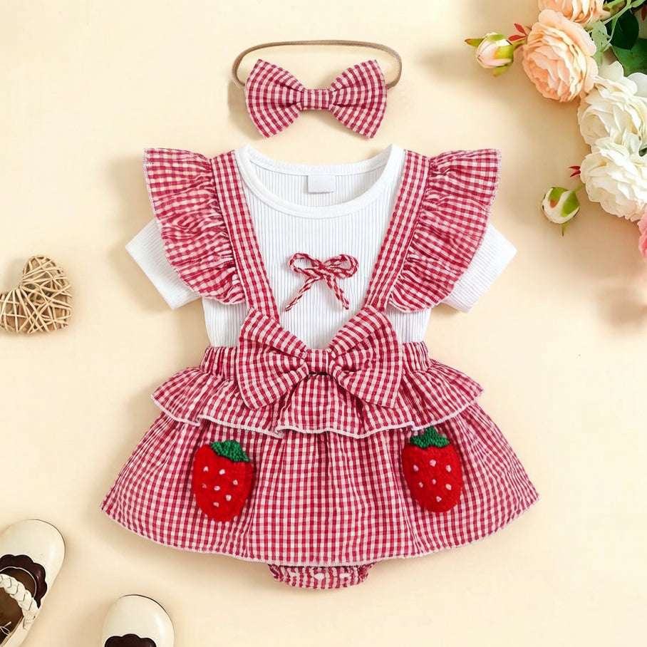 3PCS Cheerful Plaid Print Strawberry Appliqué Baby Set