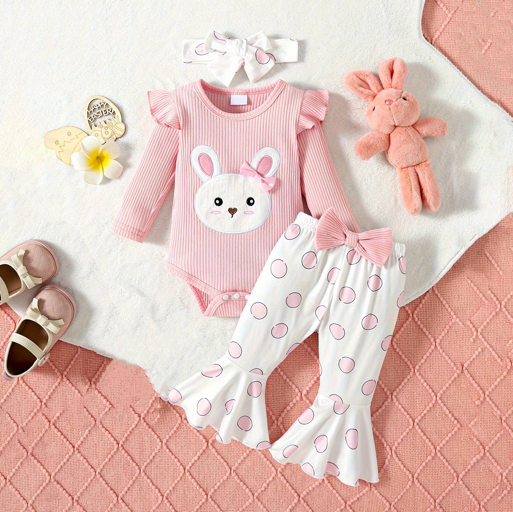 3PCS Cute Rabbit and Polka Dots Printed Bow Decoration Long Sleeve Baby Set