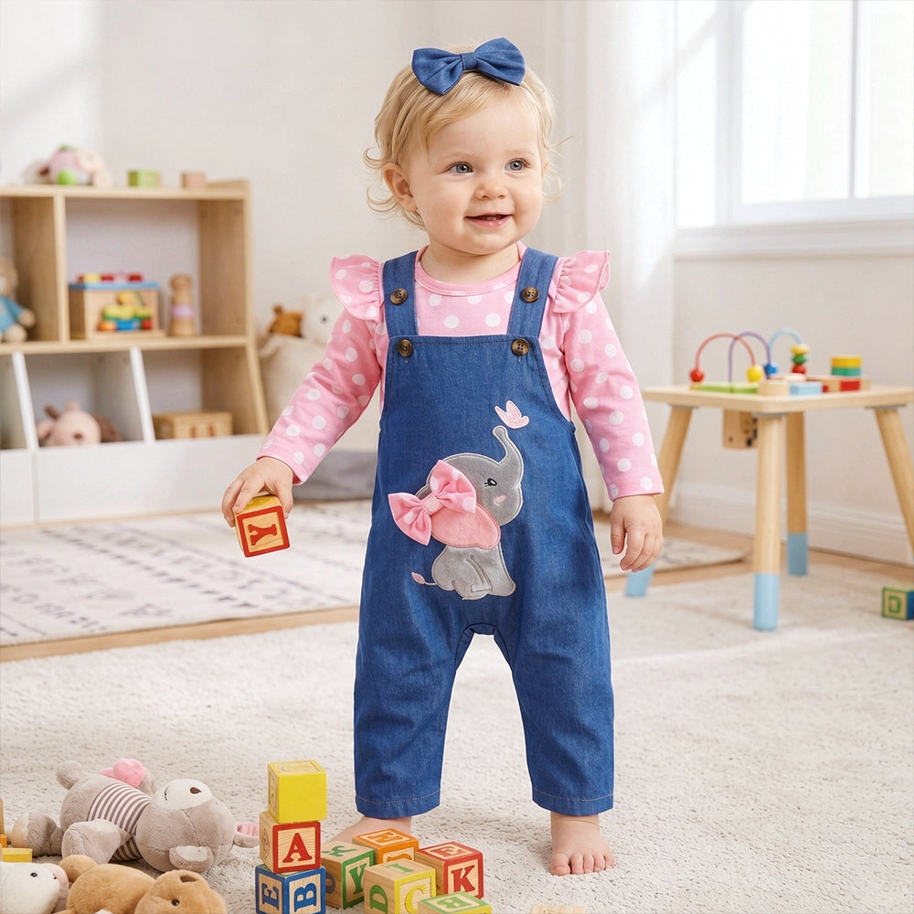 3PCS Polka-dot Top Print Elephant Embroidery Overalls Baby Set