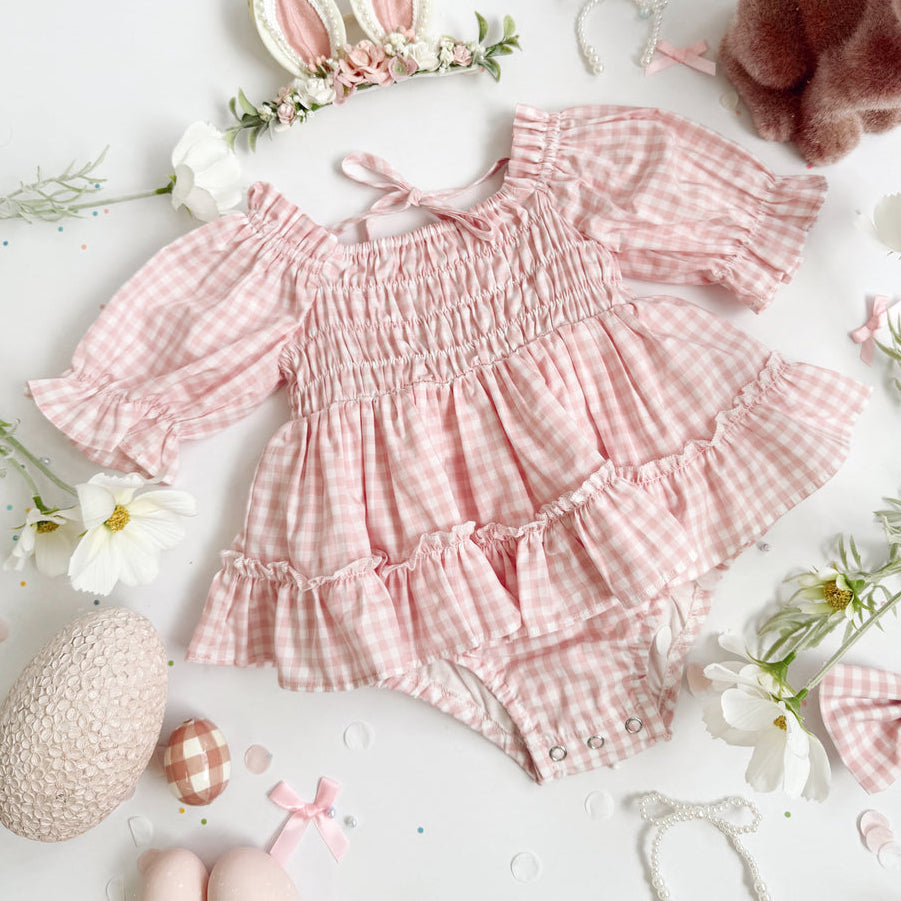 Sweet Pink Gingham Short Sleeve Baby Romper