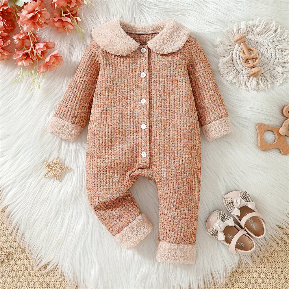 Fuzzy Collar Heathered Knit Long Sleeve Baby Jumpsuit