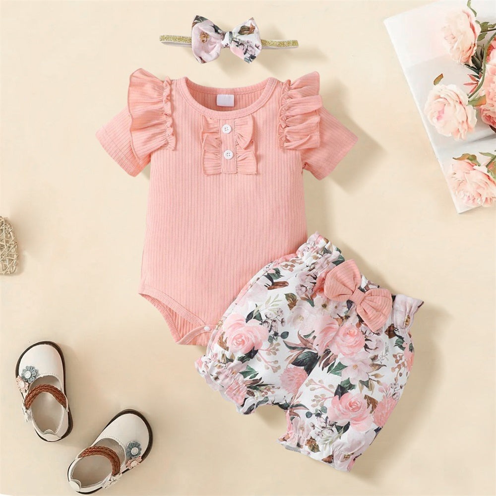 3PCS Summer Floral Printed Ruffled Short Sleeve Baby Set