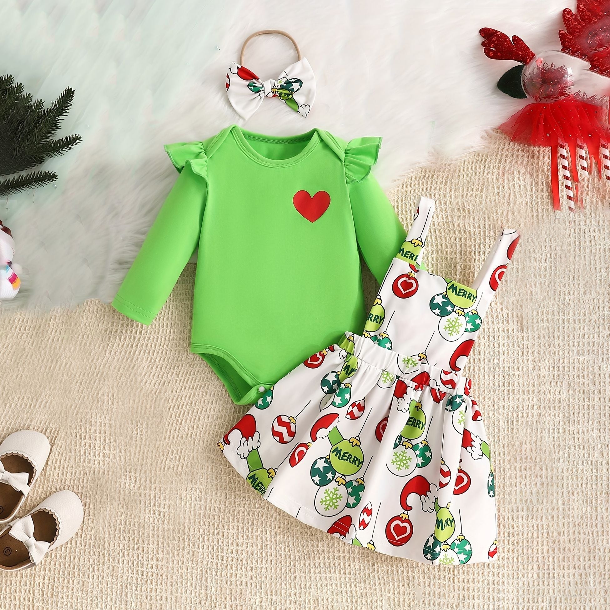 3PCS Cute Christmas Ball Heart Printed  Baby Set